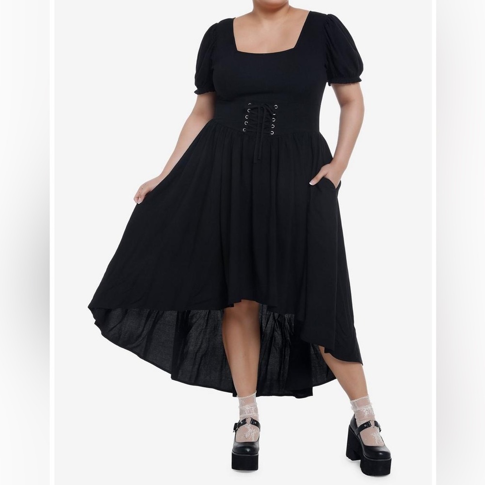 Black Puff Sleeve Corset-Waist Hi-Low Dress